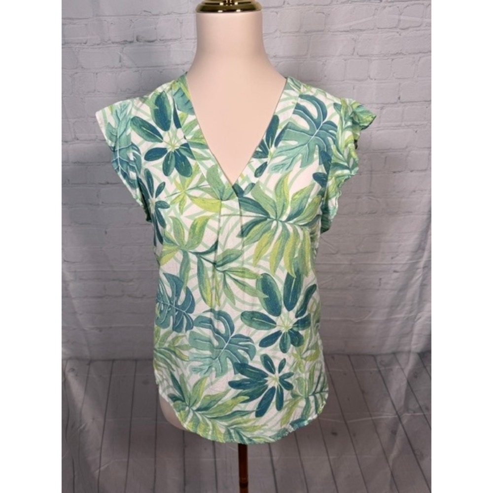 NWOT Cynthia Rowley Tropical‎ Palm Leaf Blouse Women's XS V-Neck Flutter Sleeve